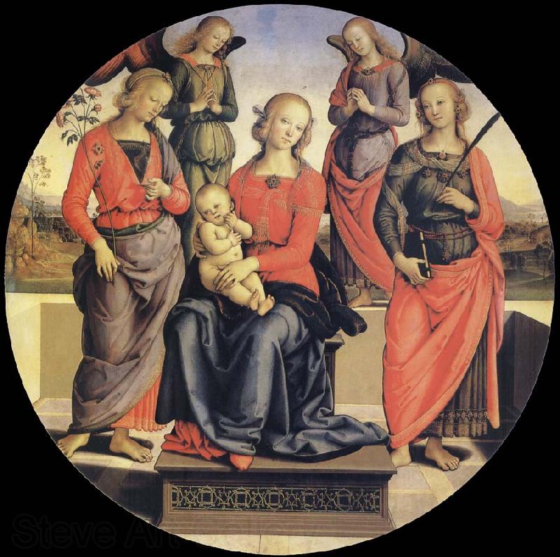 Pietro vannucci called IL perugino The Virgin and the Nino acompanados for two angeles, Holy Rose and Holy Catalina Norge oil painting art